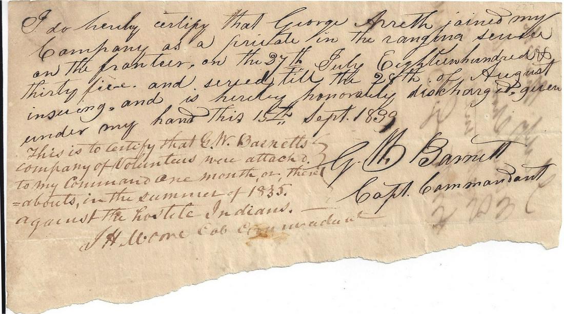 A REPUBLIC OF TEXAS MANUSCRIPT, TEXIAN VOLUNTEER GEORGE (1 of 2)