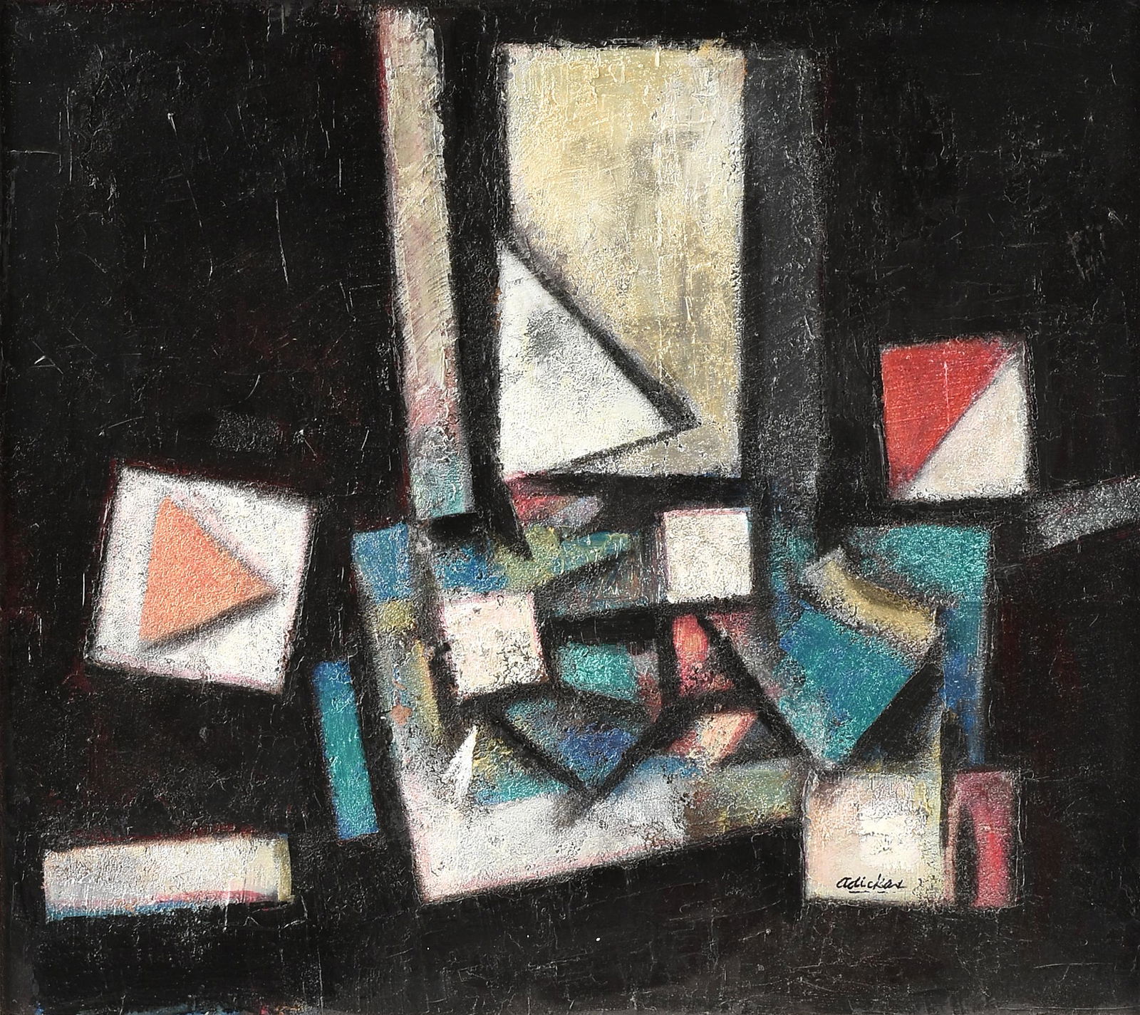 DAVID ADICKES (American/Texas b. 1927) A PAINTING,: DAVID ADICKES (American/Texas b. 1927) A PAINTING, "Composition Against Black," 2009, acrylic and texture on pressed board, signed L/R, verso the artist's paper label with inventory number 0449. 30" x