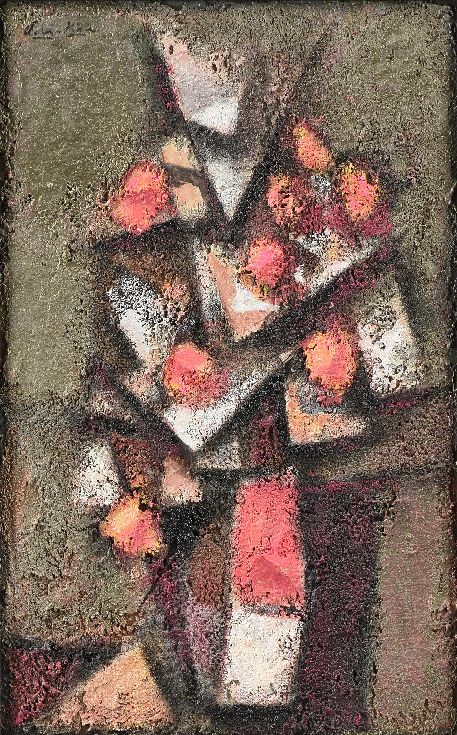 DAVID ADICKES (American/Texas b. 1927) A PAINTING,: DAVID ADICKES (American/Texas b. 1927) A PAINTING, "Cubist Bouquet," 2015, acrylic and coffee on board, signed U/L, verso the artist's studio paper label with inventory number 0337. 24 1/2" x 15 1/2"