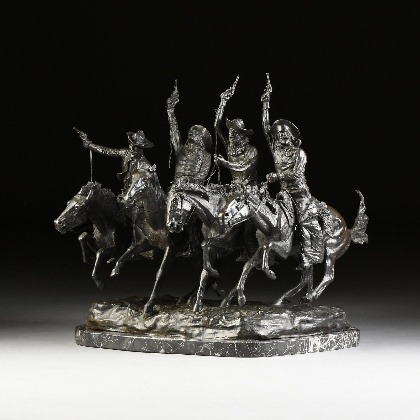 FREDERIC REMINGTON (American 1861-1909) A BRONZE: FREDERIC REMINGTON (American 1861-1909) A BRONZE SCULPTURE," Coming through the Rye," with a dark brown patination and signed in the groundwork base "Frederic Remington," raised on a conforming varieg