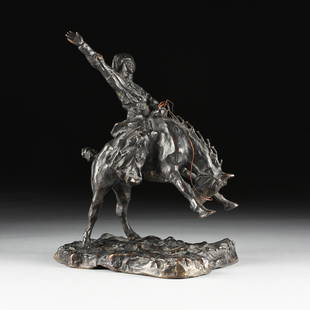 PRINCE PAOLO TROUBETZKOY (Russian/Italian 1866-1938) A: PRINCE PAOLO TROUBETZKOY (Russian/Italian 1866-1938) A BRONZE SCULPTURE, "Cowboy Argentino," 1933, cast with cowboy's right hand raised and howling as he clutches the reins and rides his bucking horse