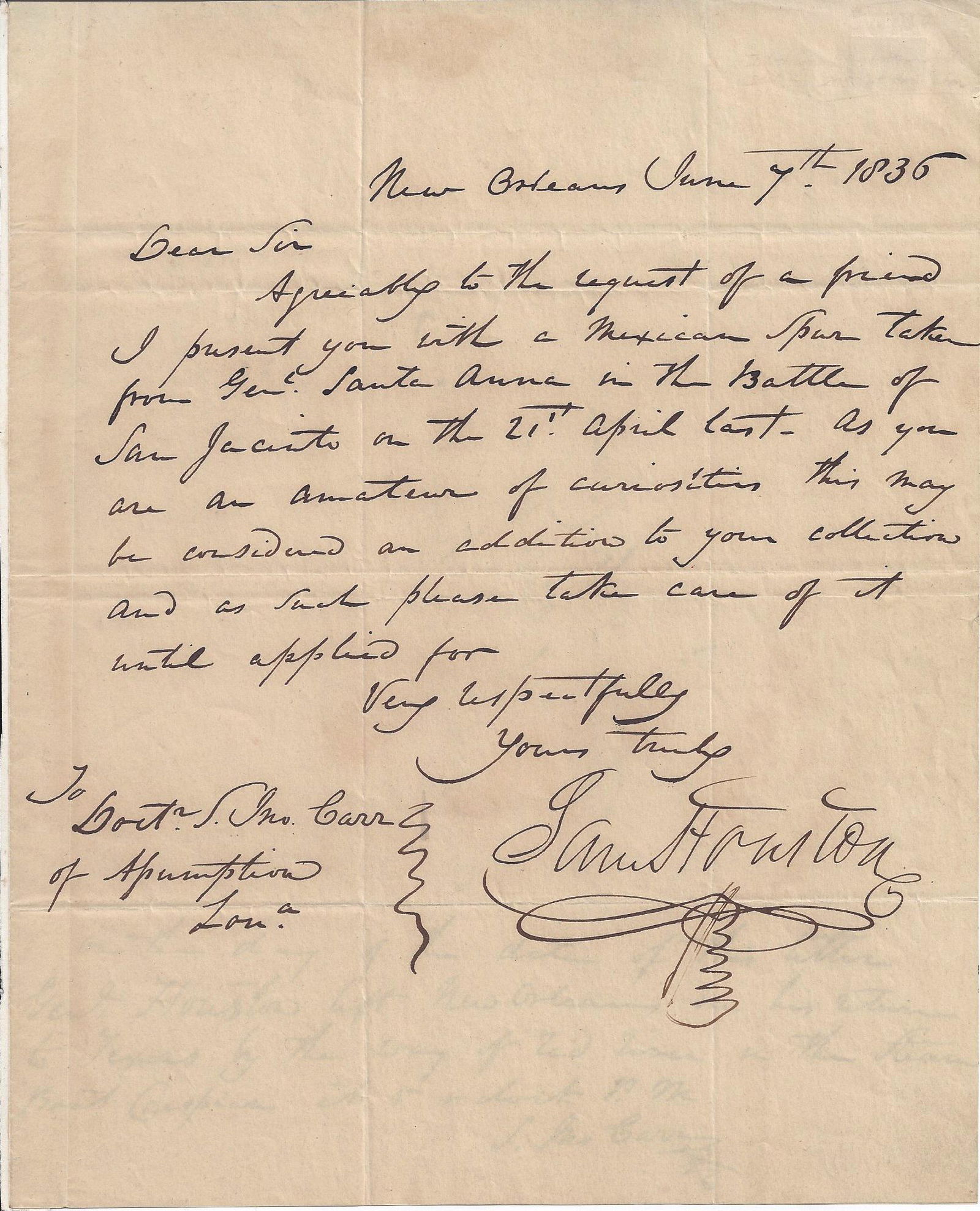 A REPUBLIC OF TEXAS MANUSCRIPT, SAM HOUSTON, SIGNED, (1 of 2)