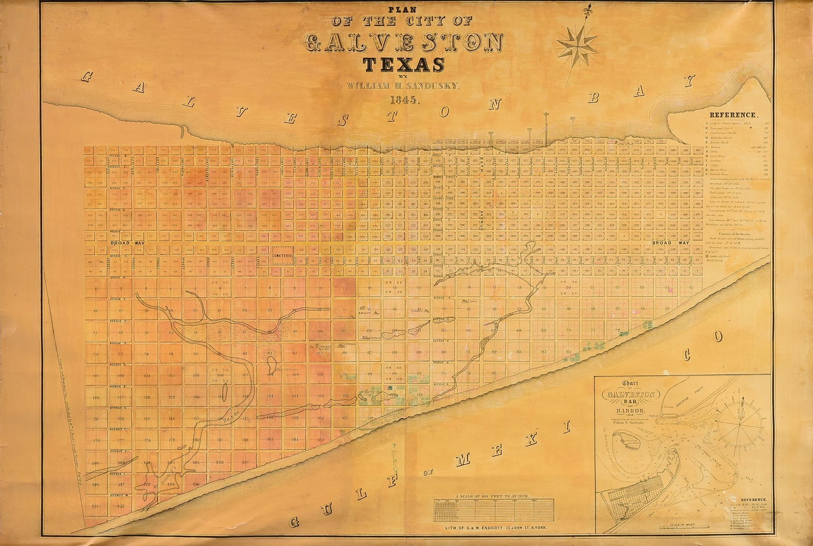 AN ANTIQUE MAP, "Plan of the City of Galveston Texas,": AN ANTIQUE MAP, "Plan of the City of Galveston Texas," CIRCA 1845, hand colored lithograph on paper, with pencil inscriptions and filled in beachfront properties, a "Reference" chart at right, and low