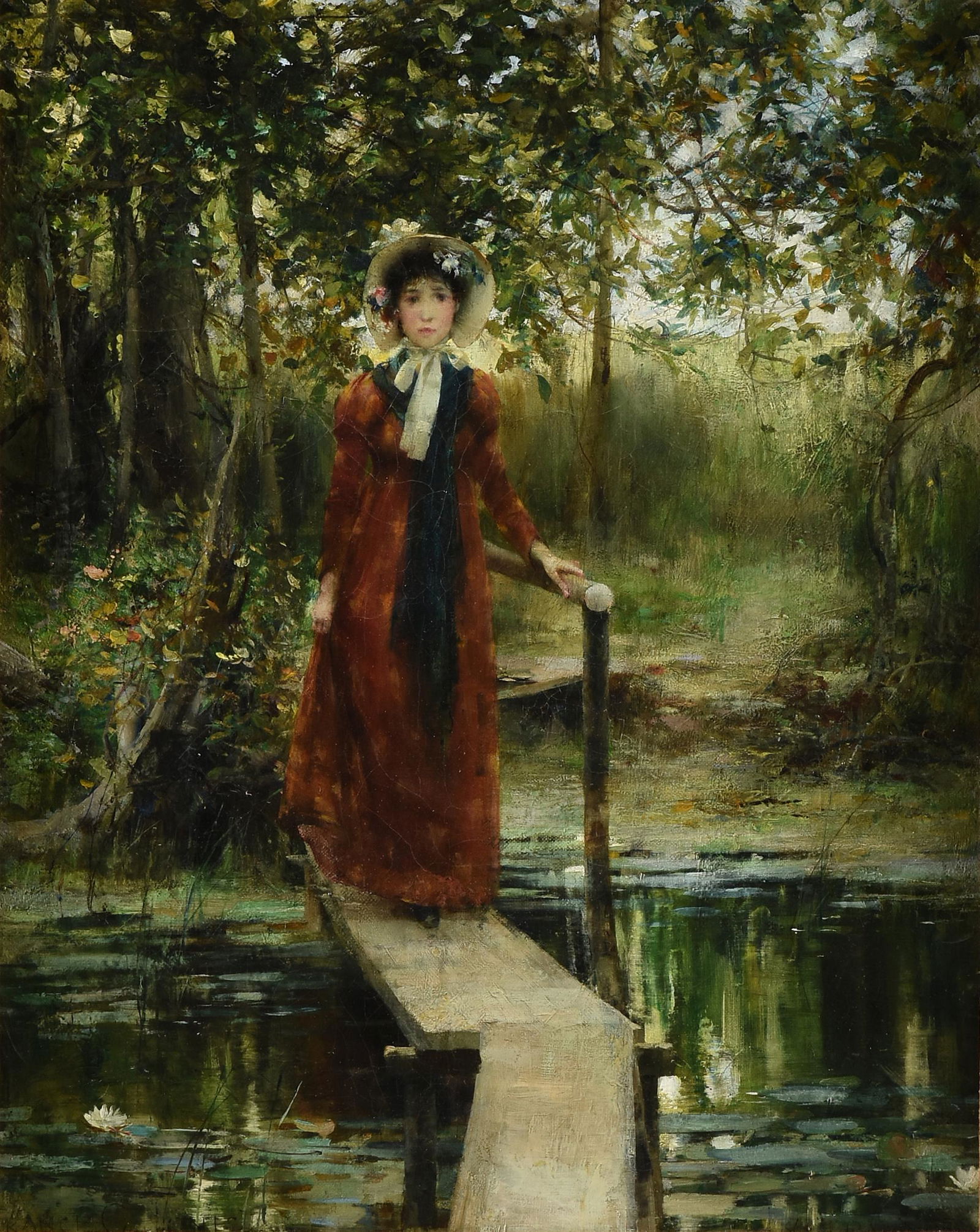 FRANCIS COATES JONES (American 1857-1932) A PAINTING,: FRANCIS COATES JONES (American 1857-1932) A PAINTING, "Crossing the Lotus Lily Pond," oil on canvas, signed L/L and L/R, "Francis C. Jones," verso paper gallery labels. 20" x 16" Note: "Jones was a fi