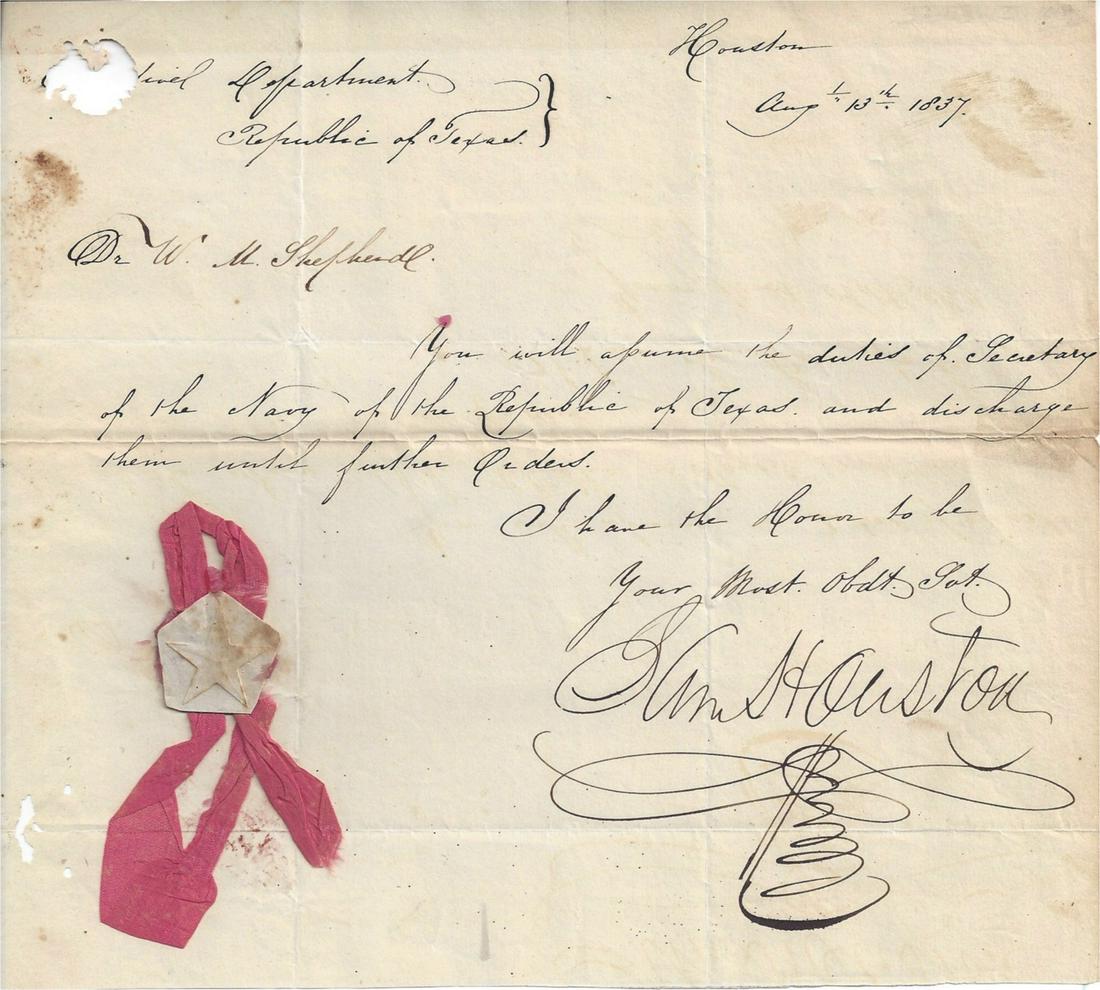 A REPUBLIC OF TEXAS MANUSCRIPT, SAM HOUSTON, SIGNED, (1 of 1)