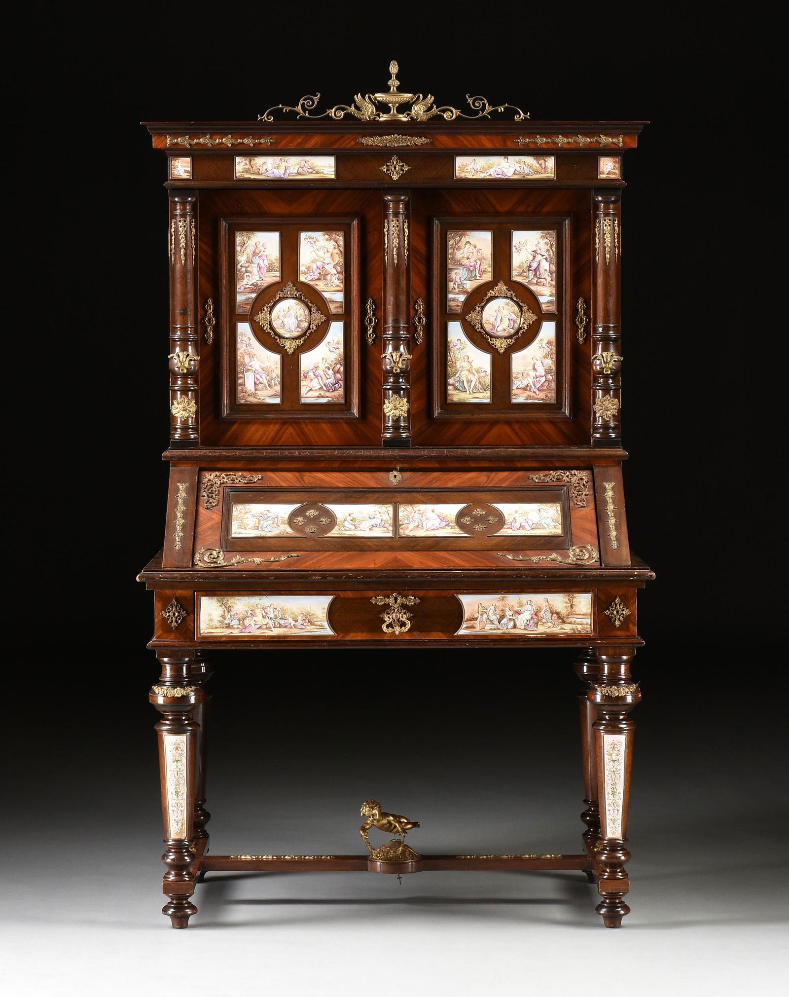 AN AUSTRIAN GILT BRONZE AND ENAMEL MOUNTED TULIPWOOD (1 of 20)