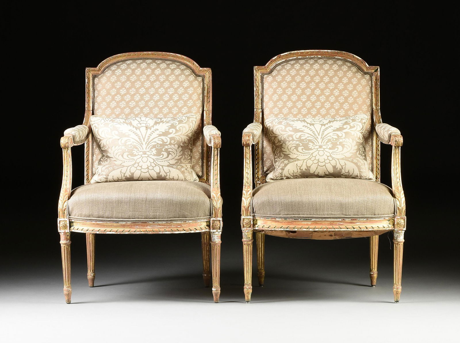 A PAIR OF LOUIS XVI STYLE FORTUNY UPHOLSTERED AND (1 of 12)