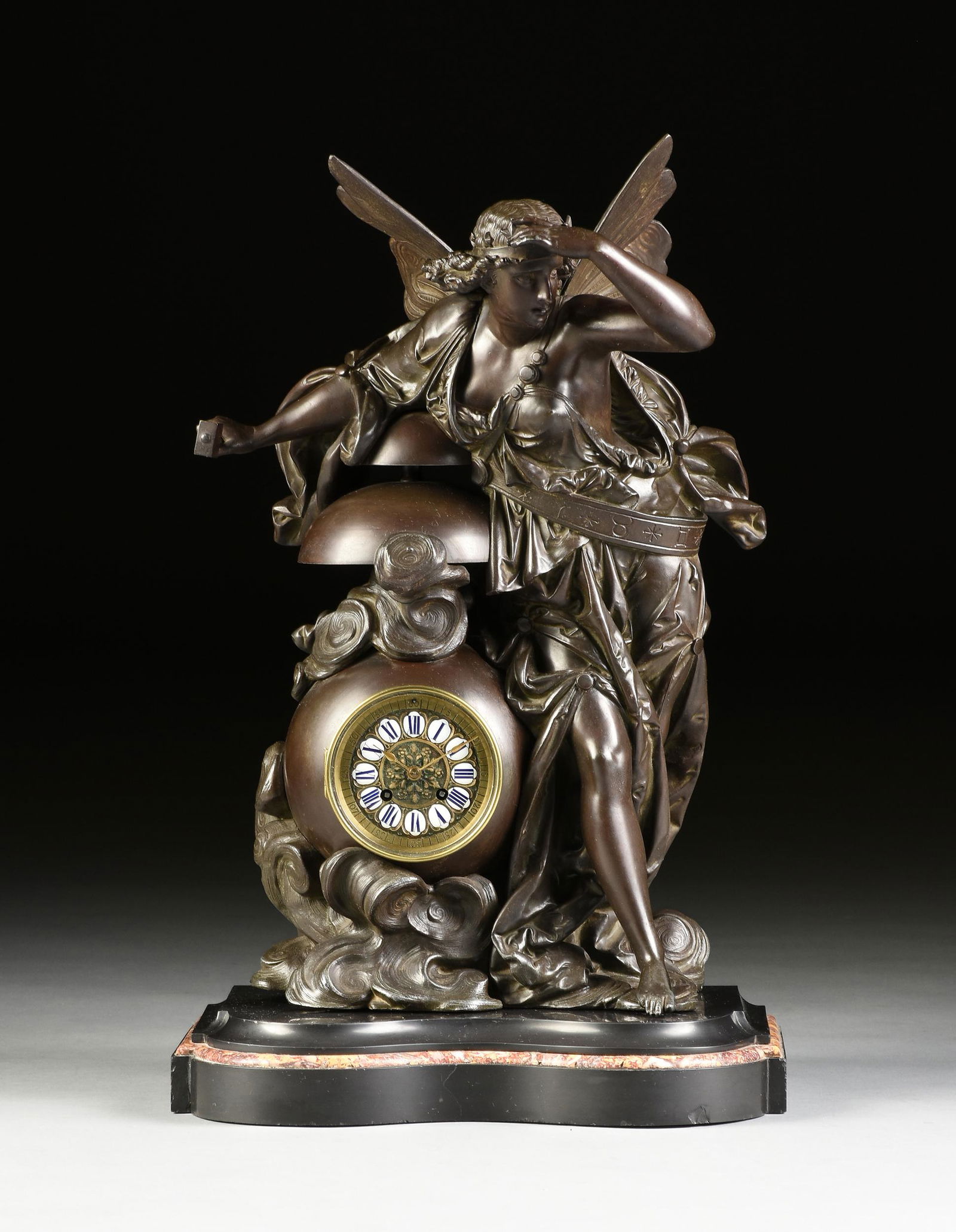 AN ALLEGORICAL PATINATED SPELTER CLOCK, "Aurora," (1 of 10)