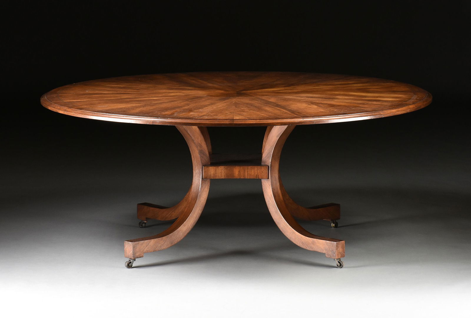 A LARGE REGENCY STYLE CIRCULAR WALNUT BREAKFAST TABLE, (1 of 12)