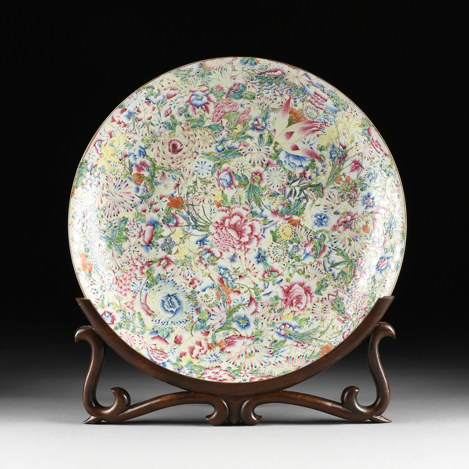 A CHINESE FAMILLE ROSE MILLEFLEUR CHARGER, MARKED, LAST (1 of 8)
