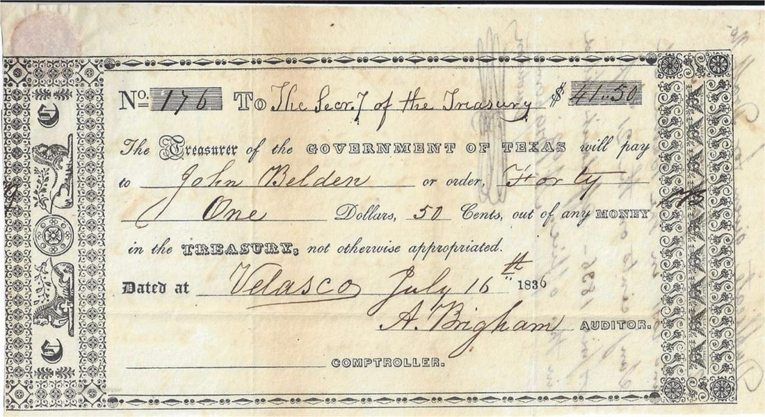 A REPUBLIC OF TEXAS TREASURY WARRANT, DUPLICATE, LOST (1 of 2)