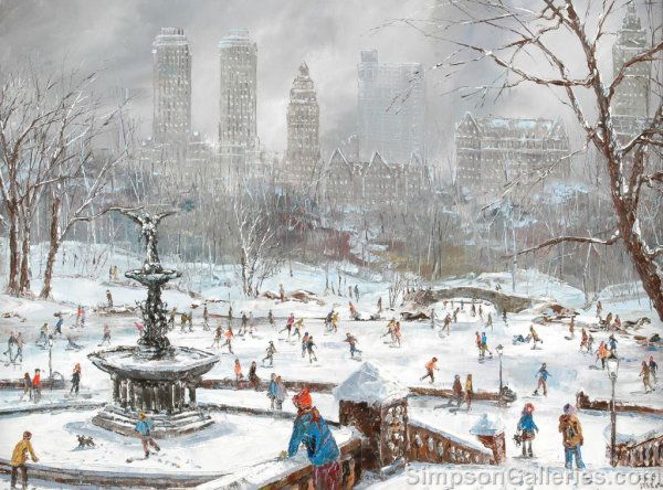 ROBERT LEBRON (American b. 1928) A PAINTING, "Skat: ROBERT LEBRON (American b. 1928) A PAINTING, "Skaters in Central Park," oil on canvas, signed. 18" x 24". Framed.