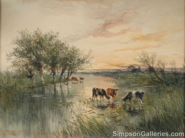 HUGO MELVILLE FISHER (American 1878-1946) A PAINT: HUGO MELVILLE FISHER (American 1878-1946) A PAINTING, "Cows Drinking," watercolor on paper, signed L/L. 21" x 28". Framed.