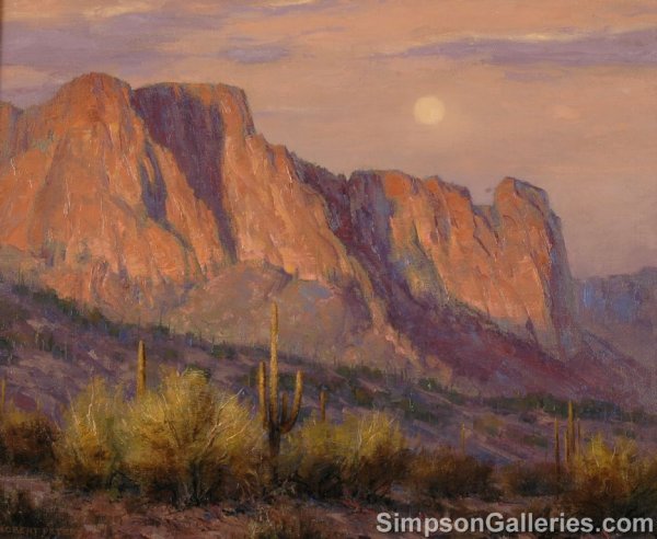 ROBERT PETERS (American b. 1960) A PAINTING, "Su: ROBERT PETERS (American b. 1960) A PAINTING, "Superstition Moonrise," oil on canvas, signed L/L. 20" x 24". Framed.