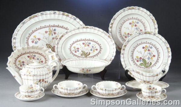 A NINETY-NINE PIECE COPELAND SPODE DINNER SERVICE c: A NINETY-NINE PIECE COPELAND SPODE DINNER SERVICE comprising ten dinner plates, nine dessert plates, thirteen salad plates, sixteen cups with saucers, thirteen bouillon cups with eight underplates, si