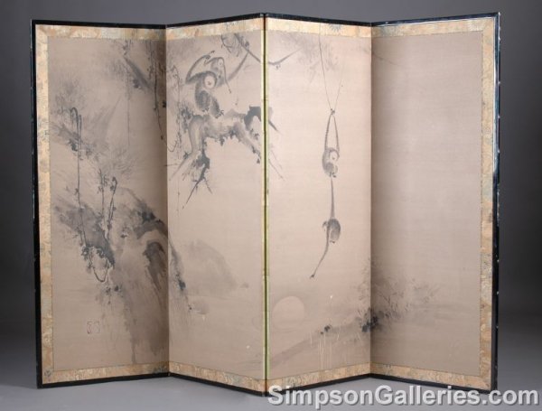 A PAIR OF CHINESE BLACK INK ON PAPER FOUR PANEL SC: A PAIR OF CHINESE BLACK INK ON PAPER FOUR PANEL SCREENS, circa 1900, one depicting monkeys frolicking in trees amidst an ethereal waterside setting, signed with rectangular red stamp lower left, heigh