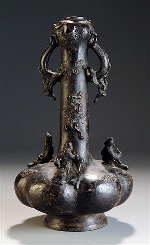 A JAPANESE BRONZE VASE, Great Ming Xuande, 18th/19: A JAPANESE BRONZE VASE, Great Ming Xuande, 18th/19th century, modeled with three immortals, flanked by Chi-dragon handles. Provenance: Sotheby's London, 1970's. Height: 18".