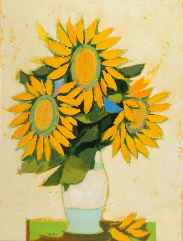 DAVID ADICKES (American/Texas b. 1927) A PAINTING: DAVID ADICKES (American/Texas b. 1927) A PAINTING, "Sunflowers in a Vase," oil on canvas, signed L/L. 40" x 30". Framed. Provenance: Wally Findly Gallery.