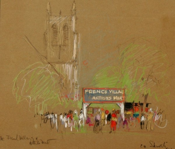 E. M. "BUCK" SCHIWETZ (American 1898-1984) A PAIN: E. M. "BUCK" SCHIWETZ (American 1898-1984) A PAINTING, "French Village," pastel on paper, signed and dated 1939. 14" x 15". Frame.d