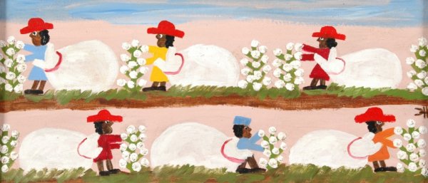 CLEMENTINE HUNTER (African American 1886-1988) A : CLEMENTINE HUNTER (African American 1886-1988) A PAINTING, "Cotton Pickers," oil on board, signed L/R. 8 3/4" x 19 1/4". Framed.