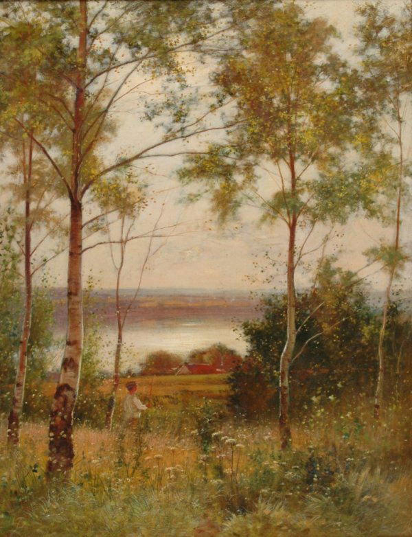 ERNEST PARTON (American/British 1845-1933) A PAIN: ERNEST PARTON (American/British 1845-1933) A PAINTING, "A View Through the Trees," oil on canvas, signed L/L. 37" x 29". Framed.