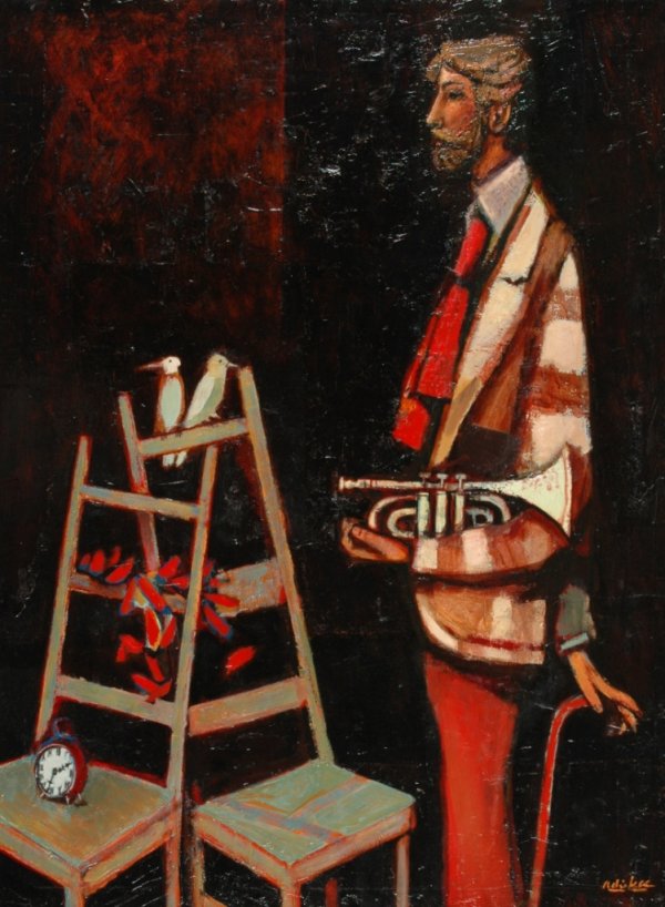 DAVID ADICKES (American b. 1927) A PAINTING, "The: DAVID ADICKES (American b. 1927) A PAINTING, "The Trumpeteer," oil on canvas, signed L/R. Provenance: Du Bose Gallery, Houston, Texas. 48" x 36 1/2". Framed.