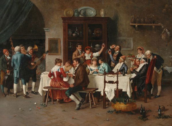 CONTINENTAL SCHOOL (19th Century) A PAINTING, "Th: CONTINENTAL SCHOOL (19th Century) A PAINTING, "The Reunion," oil on canvas. 23" x 31". Framed.