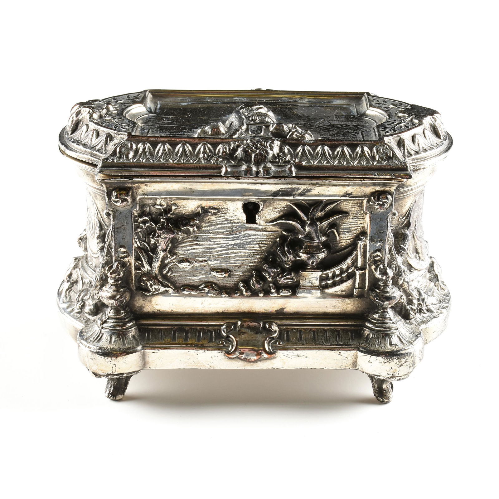 A RENAISSANCE REVIVAL SILVER PLATED JEWELRY CASKET, BY (1 of 10)