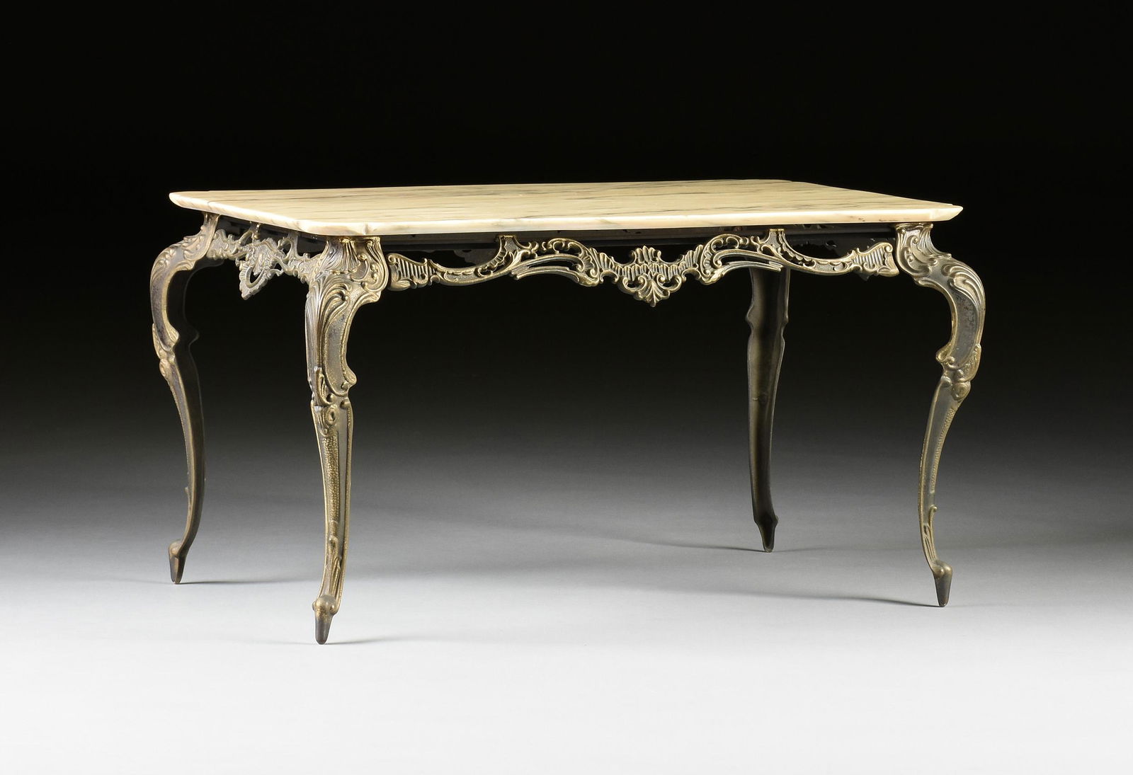 A ROCOCO REVIVAL MARBLE TOP GILT BRASS COFFEE TABLE, (1 of 9)