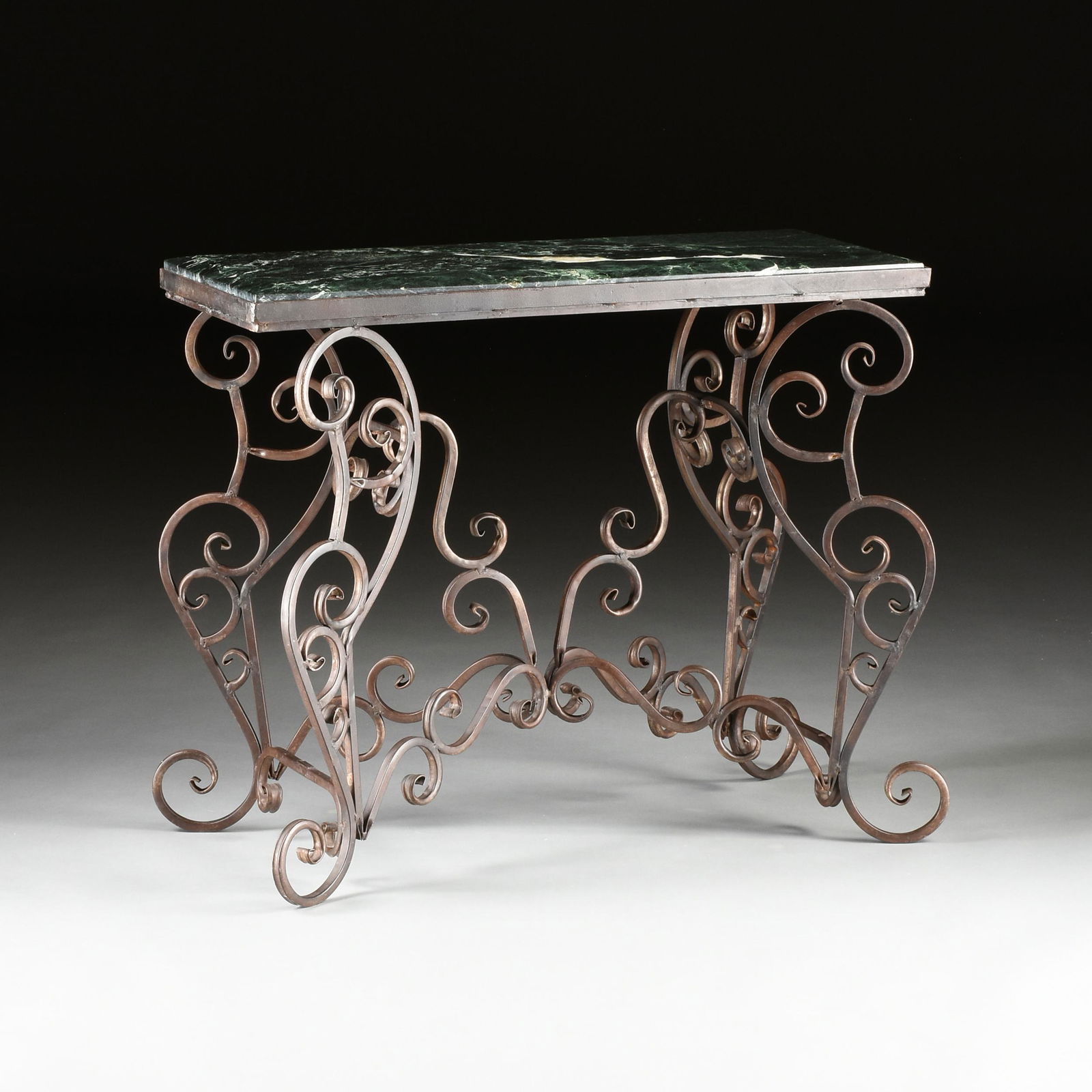 A FRENCH STYLE MARBLE TOPPED PATINATED WROUGHT IRON (1 of 9)