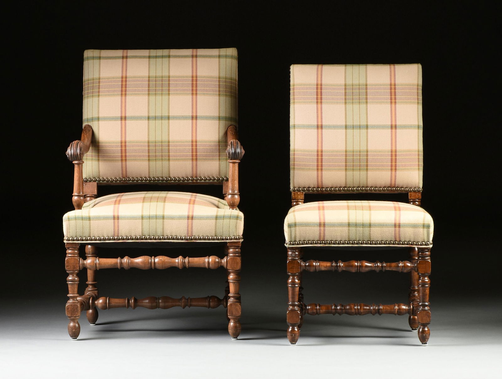 A SET OF SIX BAROQUE STYLE PLAID UPHOLSTERED AND CARVED (1 of 12)