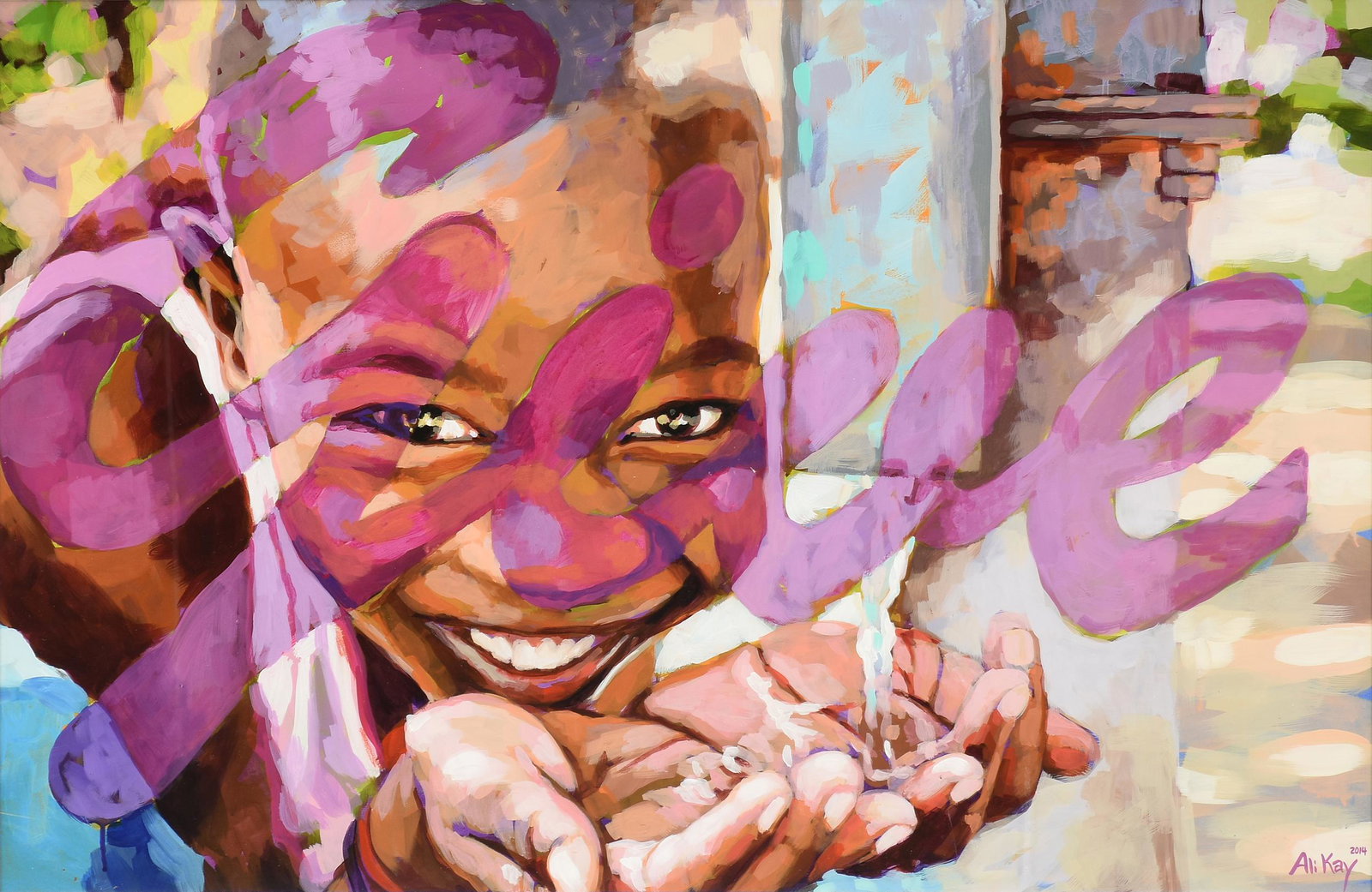 ALI KAY (American 20th Century) A PAINTING, "Give,": ALI KAY (American 20th Century) A PAINTING, "Give," oil on pressed board, signed L/R. 22 1/4" x 34 1/4" Provenance: A Private Collection, Houston, Texas.