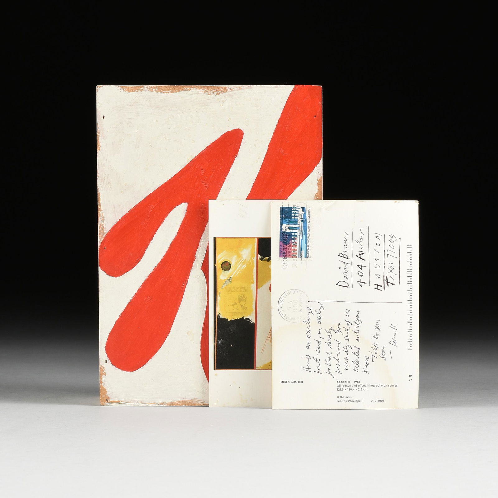 CLIVE BARKER (American b. 1940) A PAINTING, "SPECIAL: CLIVE BARKER (American b. 1940) A PAINTING, "SPECIAL K.," oil on wood fiber box, verso black felt tip pen titled and signed, together with two 2001 postcards of Derek Boshier's 1961 painting "Special