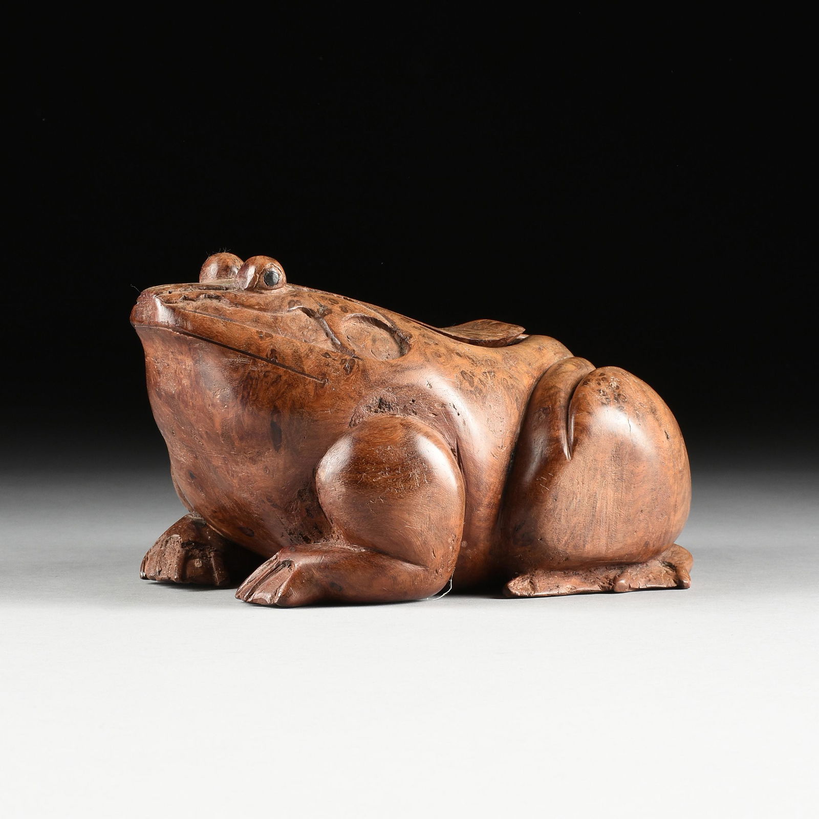 A SOUTH EAST ASIAN CARVED BURL WOOD FROG FORM BOX, (1 of 10)