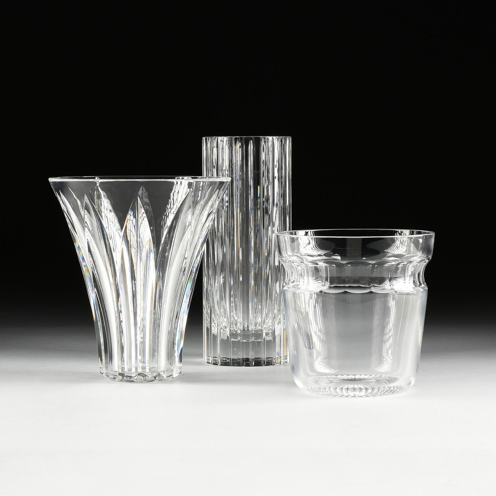 TWO BACCARAT CRYSTAL VASES AND ONE CRYSTAL ICE BUCKET, (1 of 12)