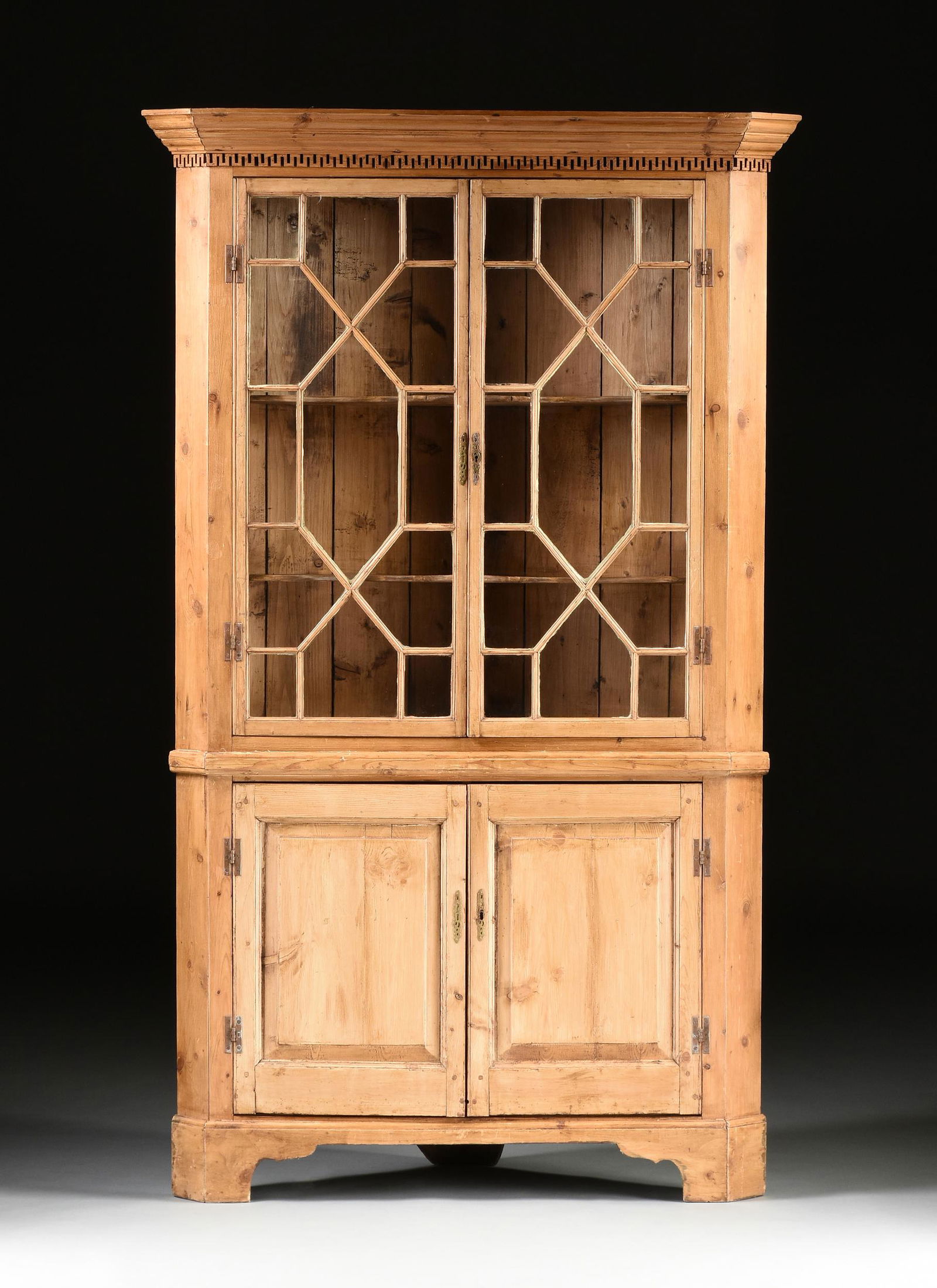 A GEORGE III STYLE WAXED PINE CORNER BOOKCASE CABINET, (1 of 13)
