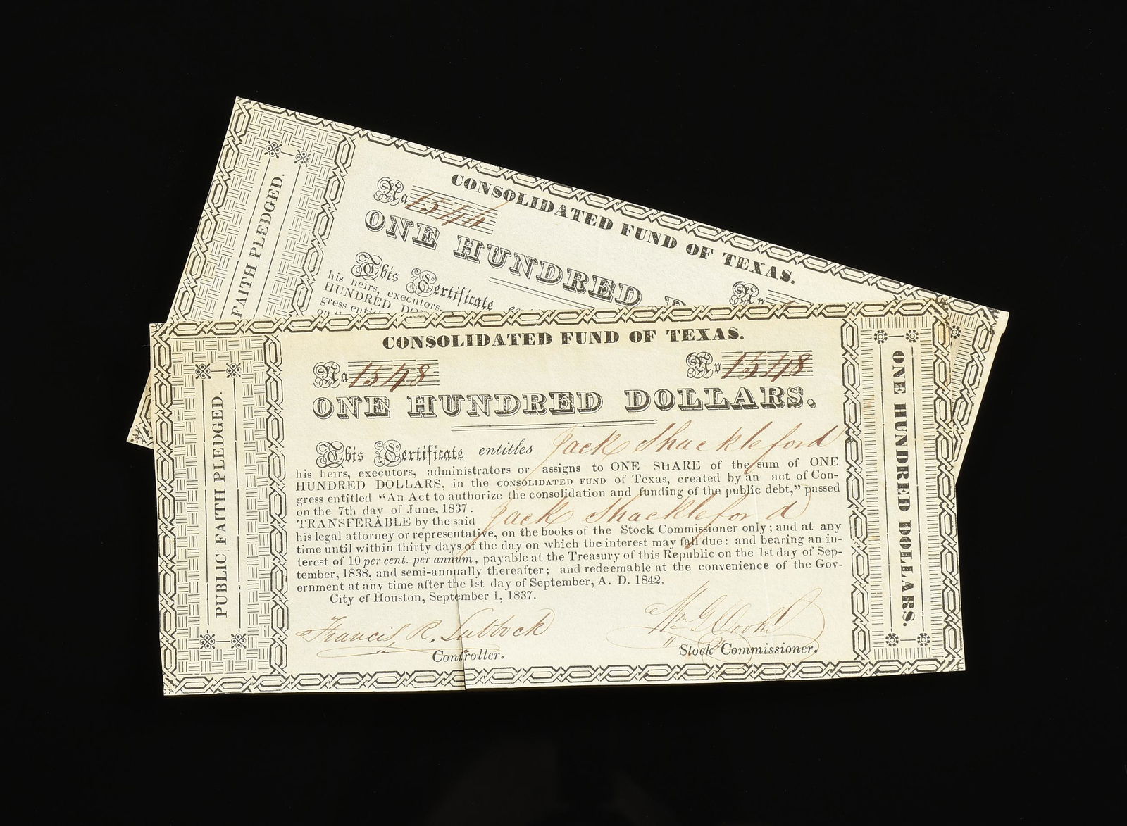 A PAIR OF TWO REPUBLIC OF TEXAS NOTES, $100 (1 of 2)