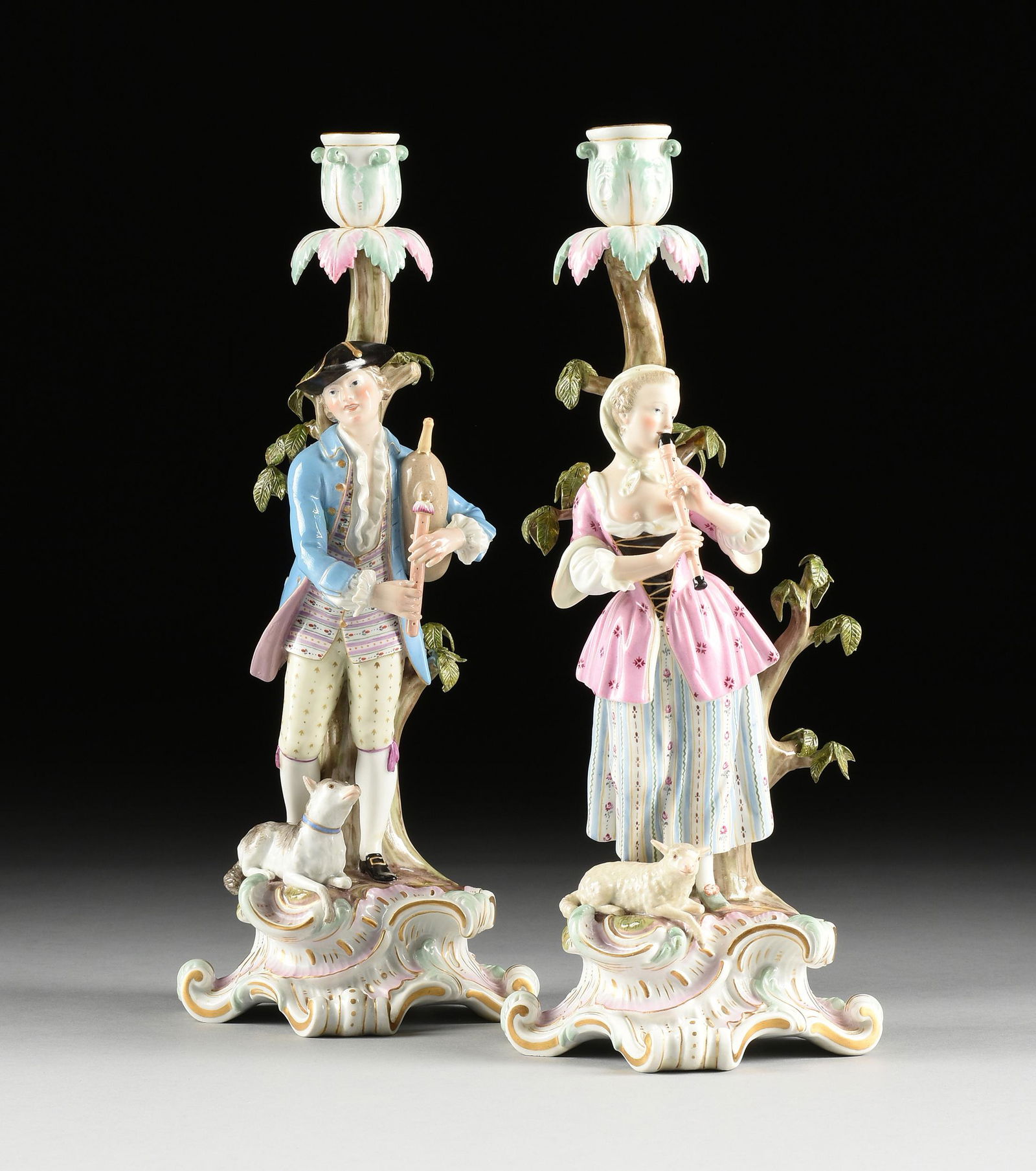 A PAIR OF MEISSEN MUSICIAN FIGURAL CANDLESTICKS, (1 of 20)