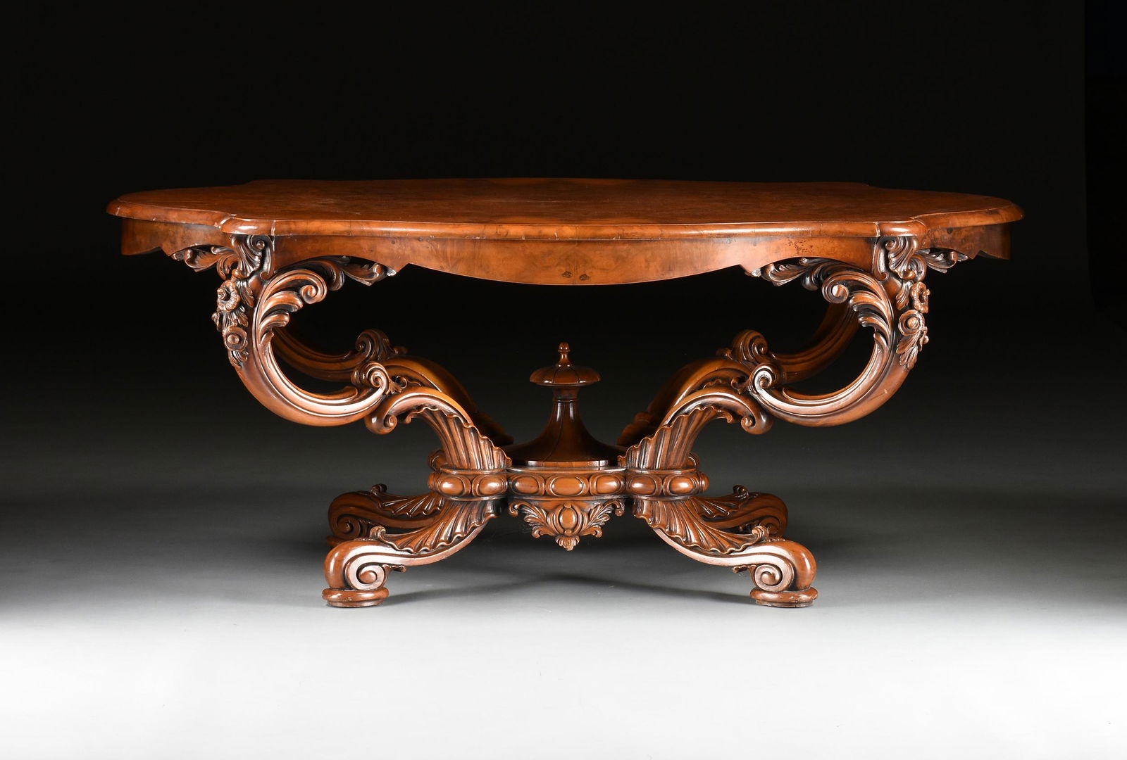A ROCOCO REVIVAL STYLE BURLED WALNUT CENTER TABLE, LATE (1 of 13)