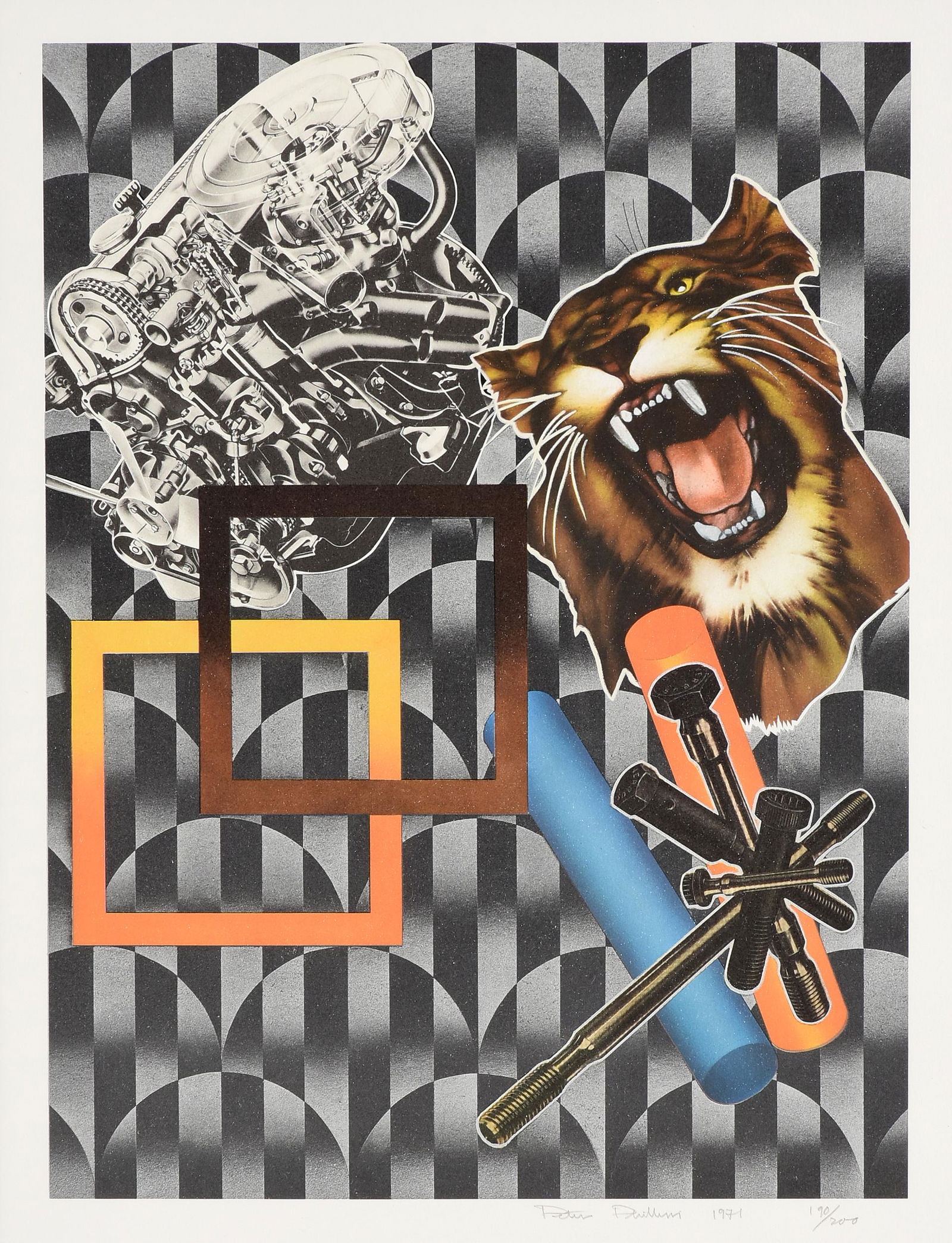 PETER PHILLIPS (British b. 1939) A PRINT, "Tiger and: PETER PHILLIPS (British b. 1939) A PRINT, "Tiger and Engine," 1971, photo-lithograph and silkscreen on paper, signed, dated and numbered in margin in pencil L/R, "Peter Phillips 1971 190/200." 19 1/4"
