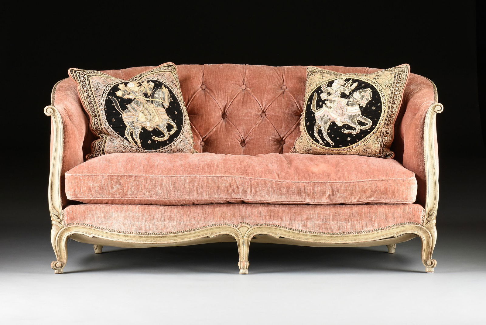 A ROCOCO REVIVAL PINK VELVET UPHOLSTERED PAINTED WOOD (1 of 9)