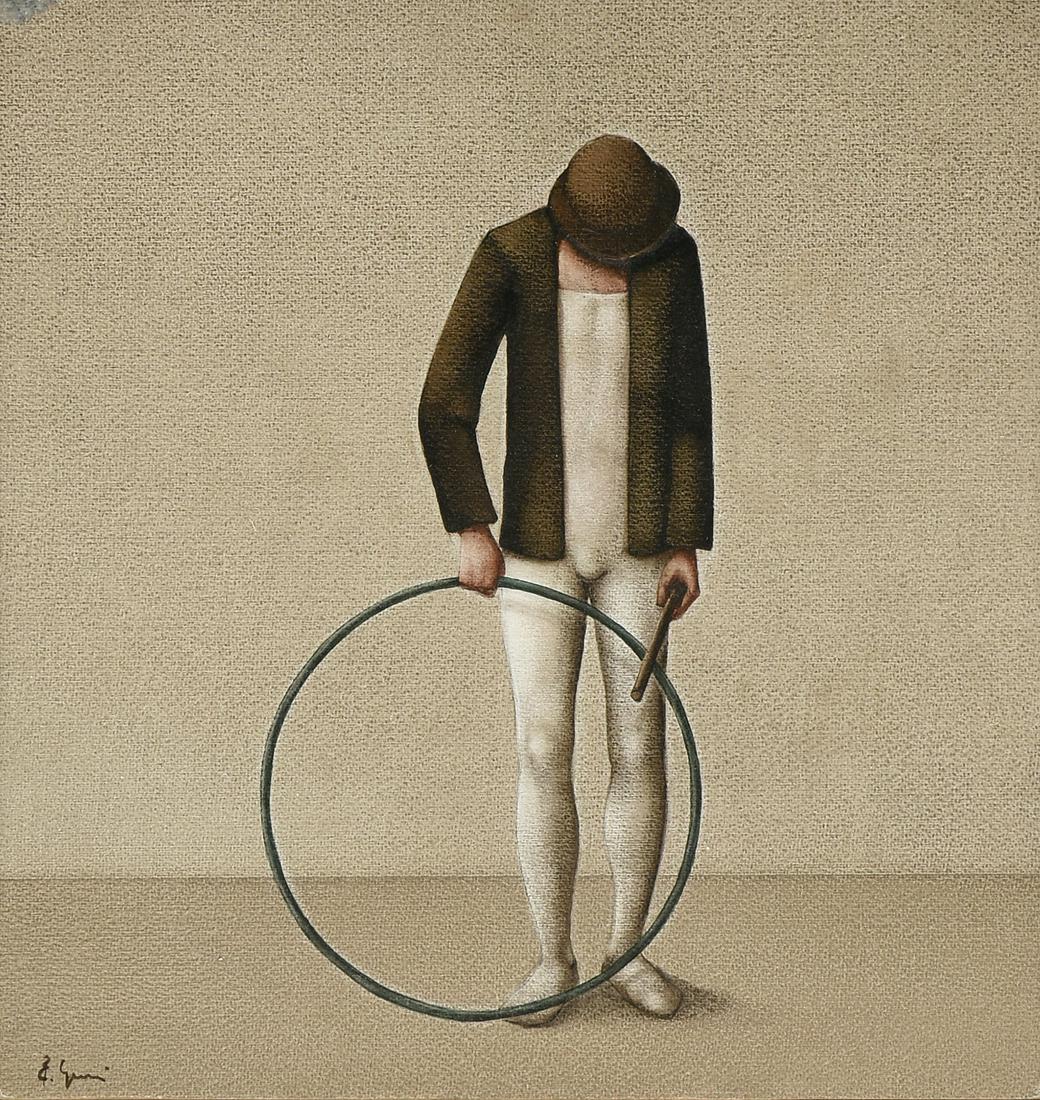A BELGIAN SURREALIST STYLE PAINTING, "Acrobat with (1 of 11)