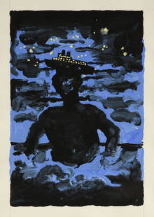 DEREK BOSHIER (British b. 1937) A PAINTING "Sea Visitor: DEREK BOSHIER (British b. 1937) A PAINTING "Sea Visitor (Boat)," 1987, tempera on paper, no visible signature, paper label verso, image: 10" x 6 3/4" frame: 21" x 17 1/8". Provenance: Exhibited in "AN