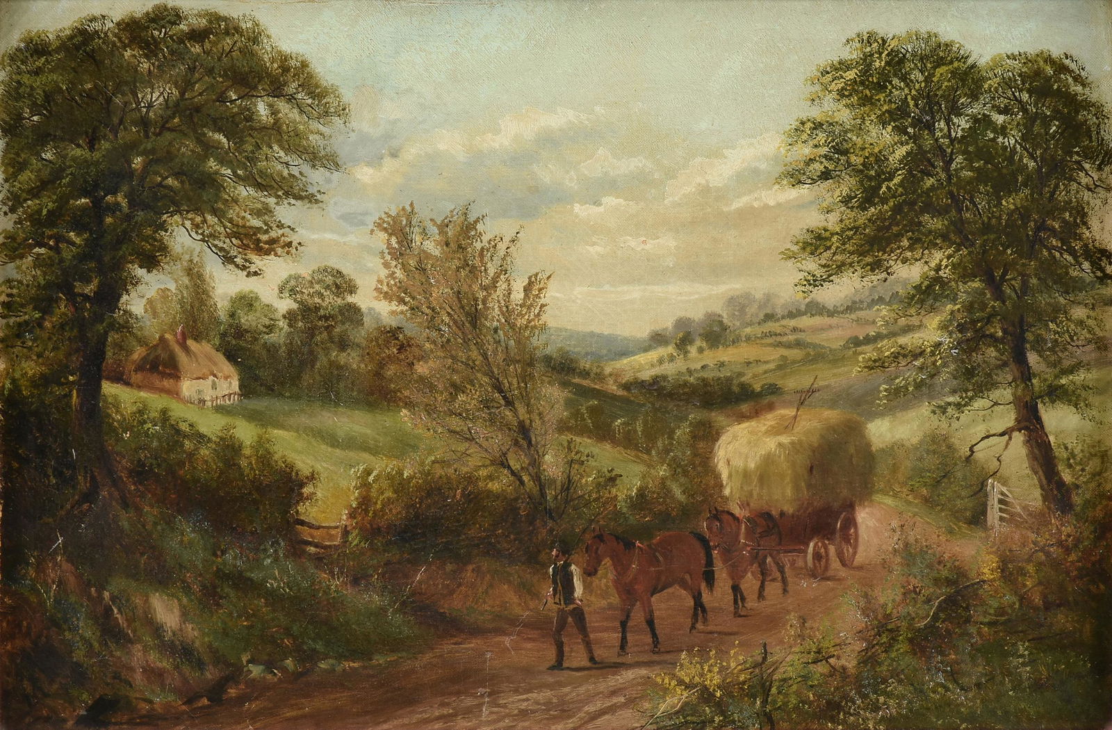 BRITISH SCHOOL, A PAINTING, "Bringing in the Hay Cart: BRITISH SCHOOL, A PAINTING, "Bringing in the Hay Cart by the Cottage," 1830-1890, colorman stamp verso, "Reeves & Sons Manufacturers." 16" x 24"