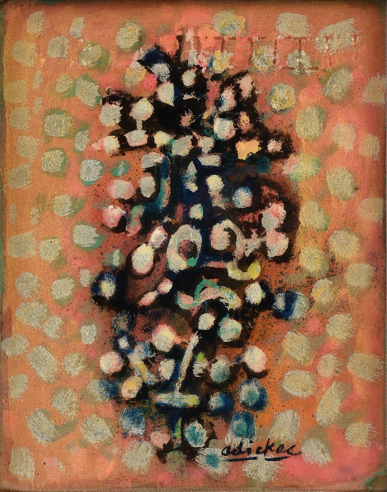 DAVID ADICKES (American/Texas b. 1927) A PAINTING,: DAVID ADICKES (American/Texas b. 1927) A PAINTING, "Pointillistic Abstract," 1999, acrylic on wood, signed L/R, verso titled and dated on Artist's studio label. 9 1/2" x 7 5/8"