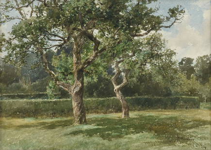 JAMES DAVID SMILLIE (American 1833-1909) A PAINTING,: JAMES DAVID SMILLIE (American 1833-1909) A PAINTING, "Hedges and Trees," ÉTRETAT, SEPTEMBER 3, 1884, watercolor on paper, signed, placed and dated L/R, "J. Smillie Etretat Sept 3 '84," verso a gilt f