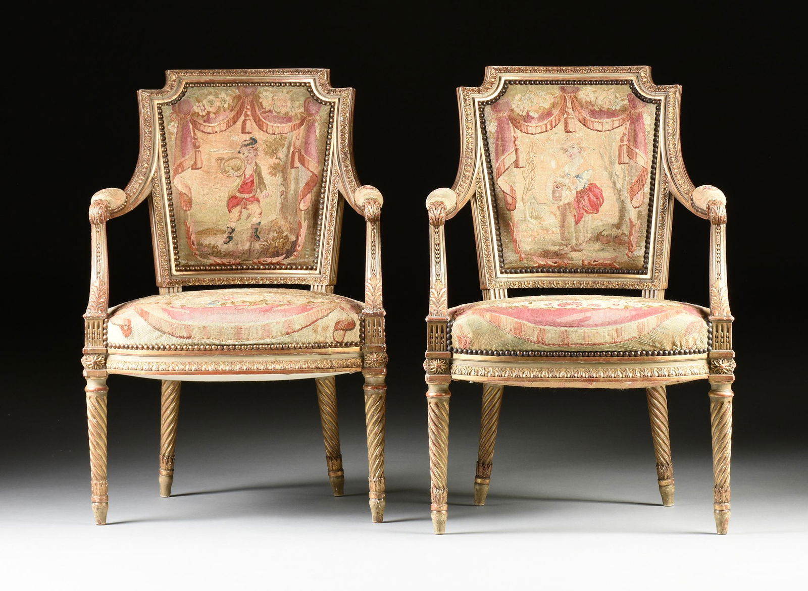 A PAIR OF LOUIS XVI STYLE AUBUSSON UPHOLSTERED PARCEL (1 of 16)