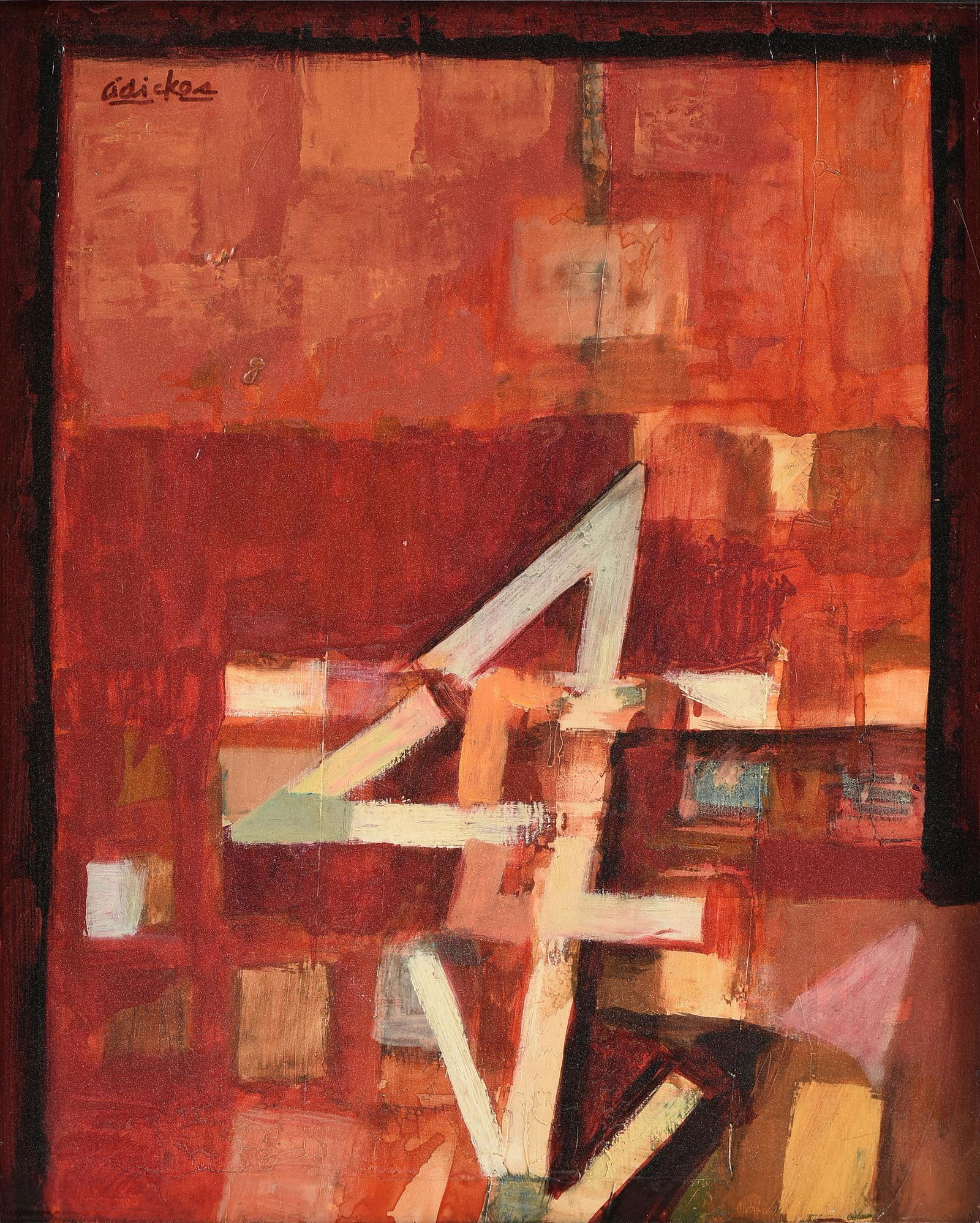 DAVID ADICKES (American/Texas b. 1927) A PAINTING, "Red: DAVID ADICKES (American/Texas b. 1927) A PAINTING, "Red Abstract," 1998, acrylic on wood, signed U/L, verso titled and dated on Artist's studio label. 18" x 14 1/2"