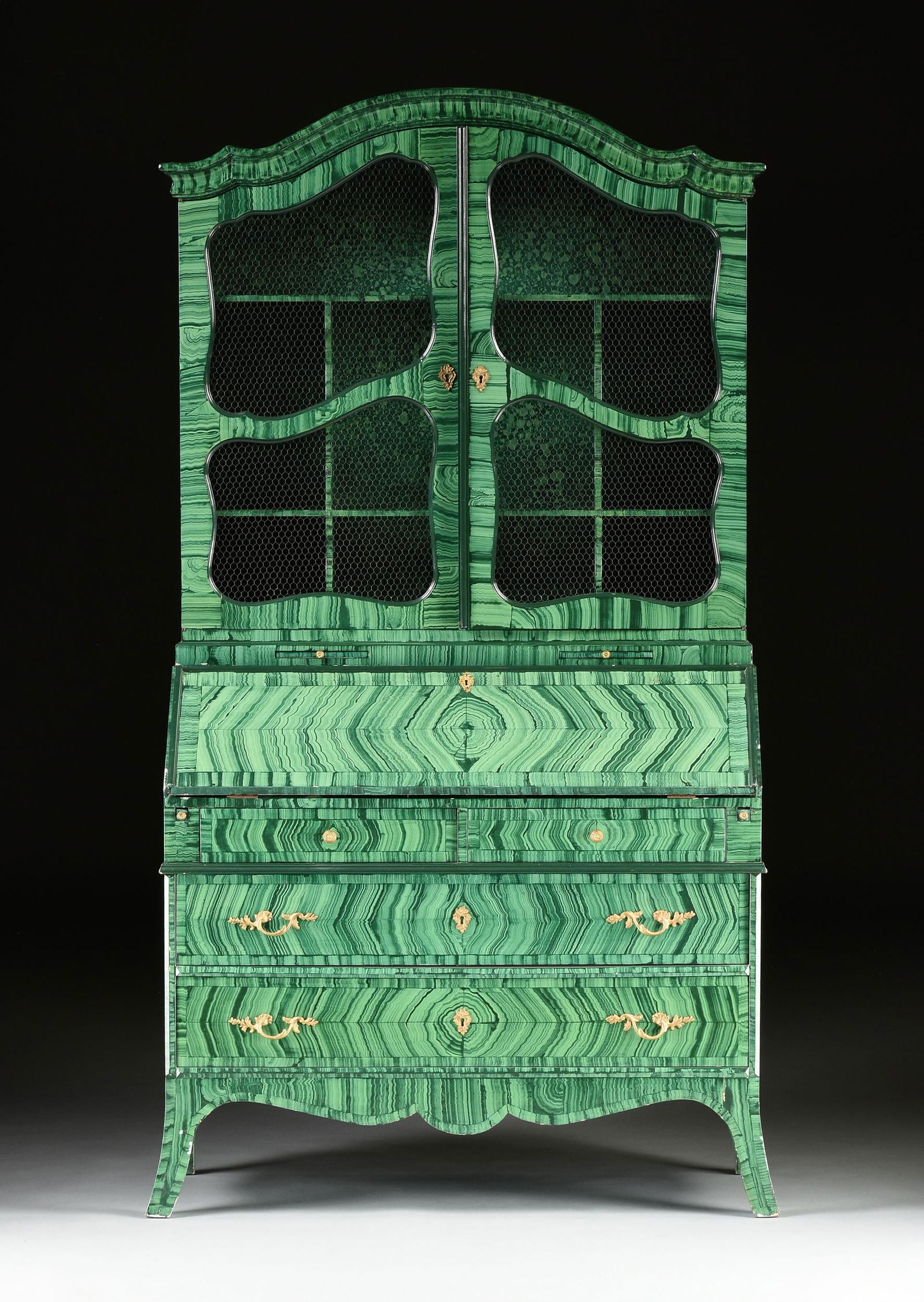 A GERMAN ROCOCO STYLE FAUX MALACHITE PAINTED SECRETARY (1 of 13)