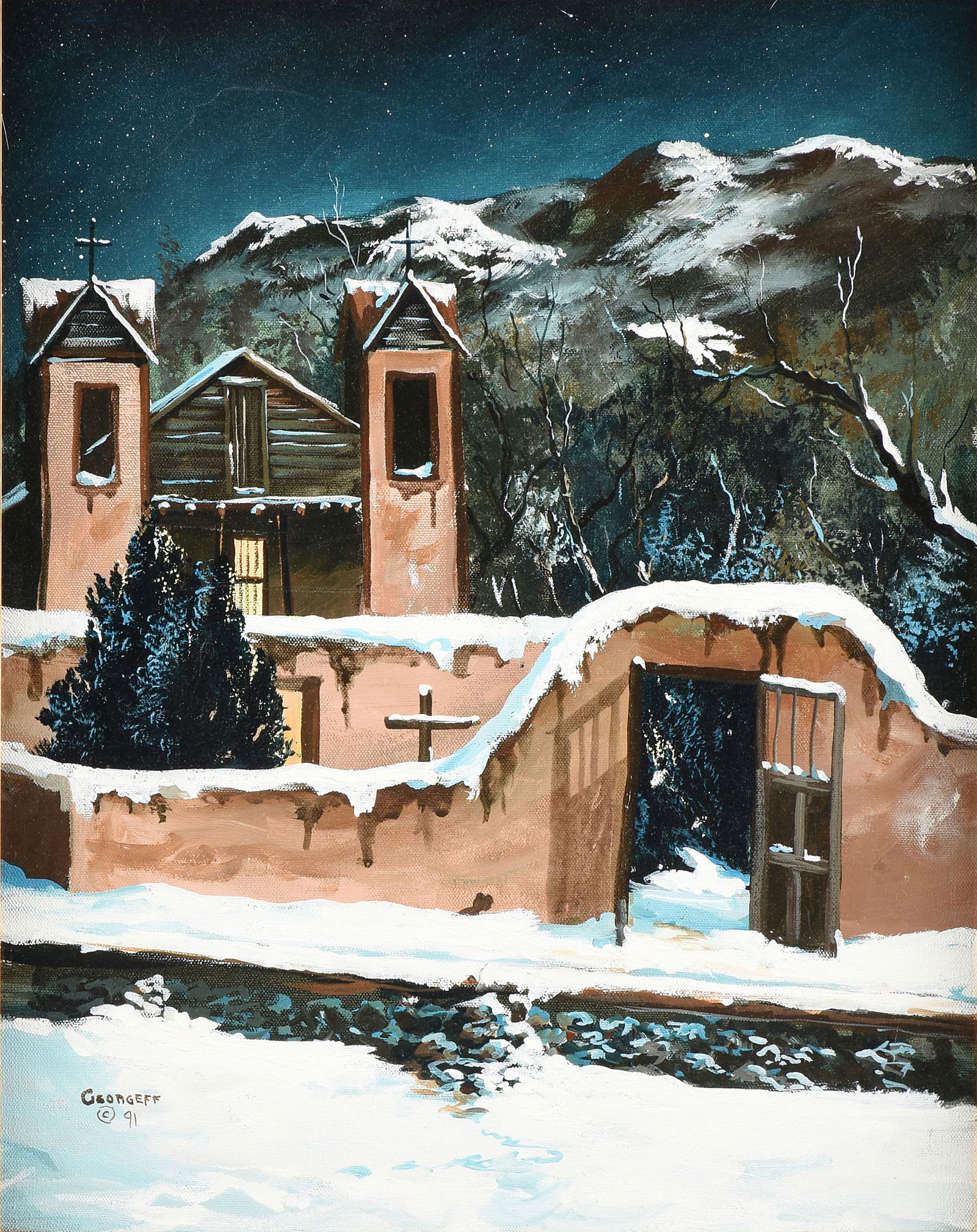 JERRY GEORGEFF (American b. 1948) A PAINTING, "Stars: JERRY GEORGEFF (American b. 1948) A PAINTING, "Stars Twinkle above a Snow Capped Adobe Church," 1991, acrylic on canvas, signed and dated L/L. 16" x 20" Provenance: Emmanuel's Picture Frames, Santa Fe